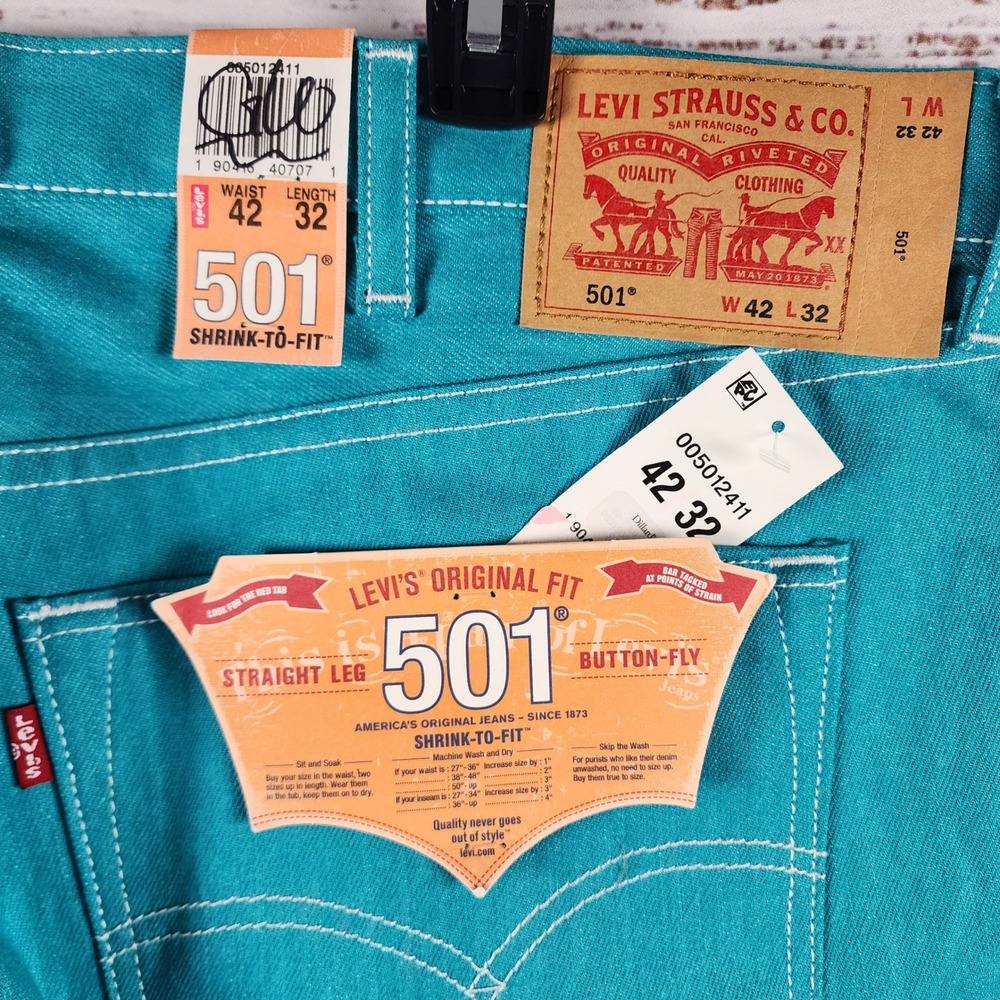 NWT Levi's 501 STF Jeans 42x32 Regular Straight Raw Coral Blue Denim Button Fly - Picture 4 of 12
